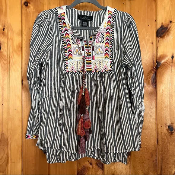 Brandon Thomas Black and White Striped Embroidered Blouse - Picture 1 of 6